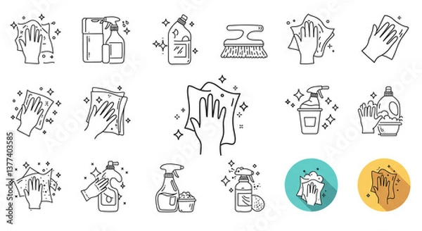 Fototapeta Sparkling clean: A collection of hand-drawn cleaning icons showcasing the joy of a spotless home, featuring simple line art and playful sparkle details.