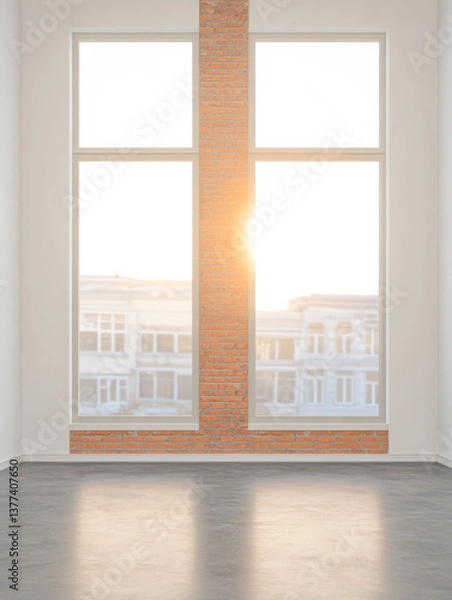 Fototapeta Bright sunlight streaming through large windows in a modern minimalistic interior space