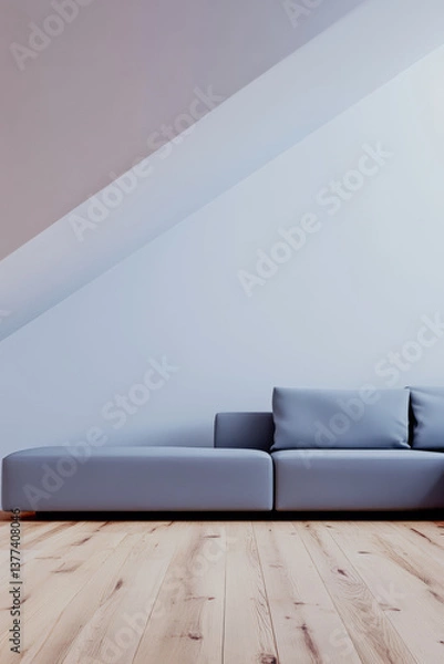Fototapeta Modern living room with sleek gray couch and wooden floor in bright natural light