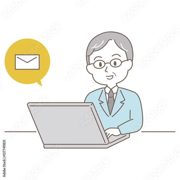 Fototapeta ミドル〜シニア世代、小ぎれいな男性のビジネスシーン、シンプルかわいい線タイプ（メール・白背景）
