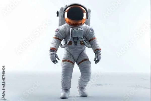 Fototapeta Astronaut in White Spacesuit with Orange Helmet Walking on White Surface  3D Rendering