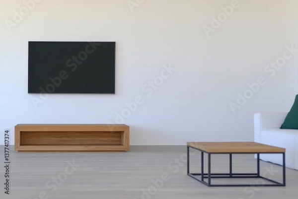 Fototapeta Modern living room design with minimalist furniture and wall-mounted TV setup