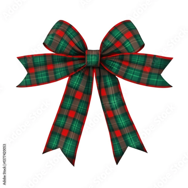 Fototapeta Festive green and red plaid ribbon, ideal for gift wrapping, isolated on transparent background