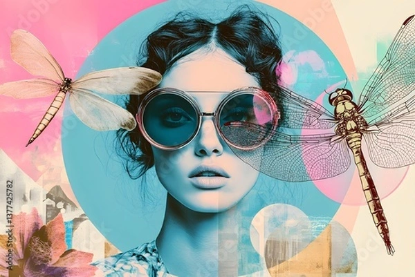 Fototapeta An abstract collage with different elements such as a blue circle, a pink and turquoise color palette, fashion design sketches, flowers, a dragonfly, an architectural model, a woman's portrait
