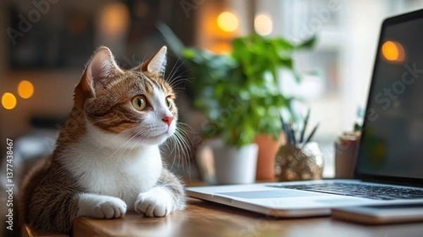 Fototapeta Adorable cat sitting on a desk surrounded by office supplies in a creative digital art illustration