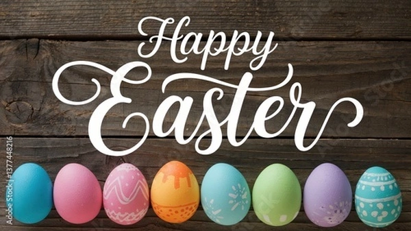 Fototapeta Colorful Easter eggs lined up on wooden surface below 'Happy Easter' text in elegant script.