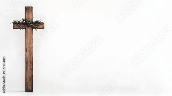 Fototapeta A tall, realistic-looking empty rugged wooden Roman cross, standing alone with intricate details, symbolizing strength, history, and ancient craftsmanship.
