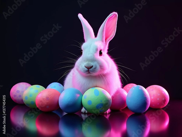 Obraz A white bunny sitting among neon-colored Easter eggs