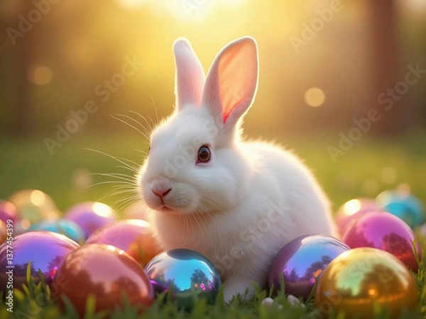 Obraz A white rabbit surrounded by crystal prism eggs
