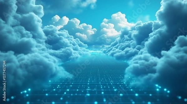 Obraz Cloud computing data center with multi cloud hybrid cloud, information storage cyber security encryption edge computing data lake, minimalism, clean design