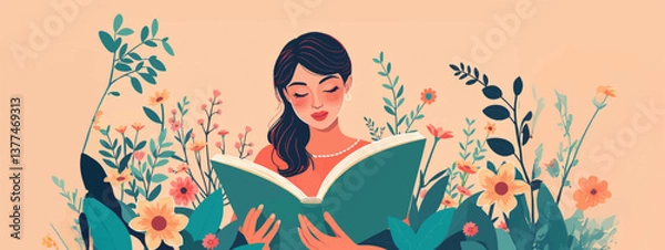 Fototapeta Water color style Spring Blooming Nature: Young Girl in Casual Clothes and reading a Book.	