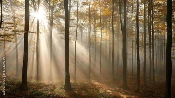 Obraz A hauntingly beautiful forest shrouded in thick, ethereal mist, with sunlight breaking through in golden rays