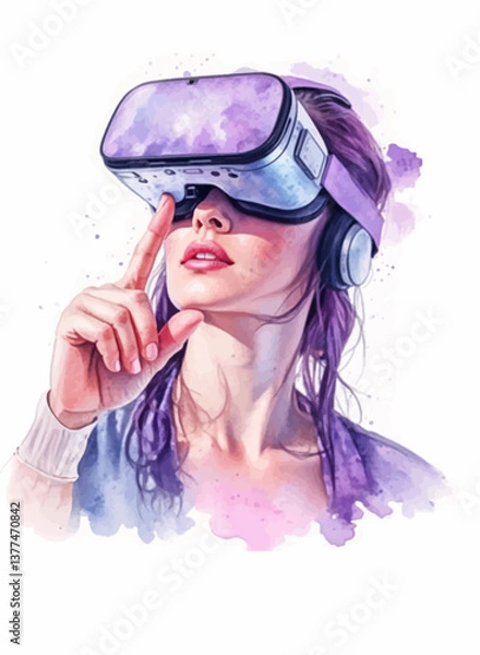 Fototapeta Embracing the Future: Metaverse Technology and the VR Goggle Experience in Watercolor Style.