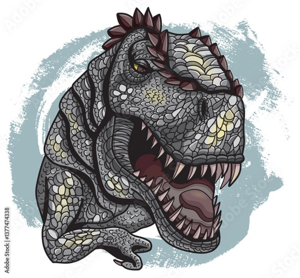 Fototapeta Hand drawn vector illustration with roaring rex dinosaur with fangs and open mouth for t-shirt, stickers, print against textured background. Graphic engraved artwork with dino head, vintage style
