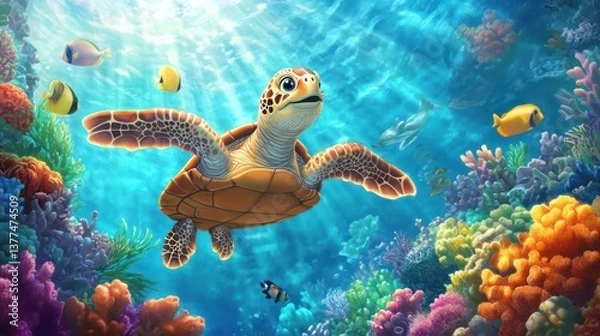 Fototapeta Colorful Underwater Turtle Adventure By Generated AI
