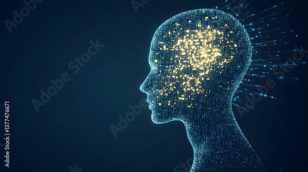 Fototapeta Digital human head composed of data and code, surrounded by abstract technology elements, symbolizing artificial intelligence and the future of technology.
