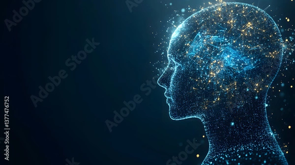 Fototapeta Digital human head composed of data and code, surrounded by abstract technology elements, symbolizing artificial intelligence and the future of technology.
