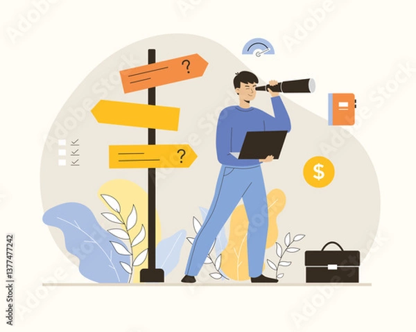 Fototapeta Finding ideas, solutions, brainstorming process. Man search for right direction. Business vision. Flat vector illustration.