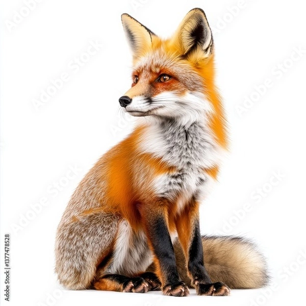 Fototapeta Elegant Red Fox Sitting with Grace on a White Background, Capturing its Beauty and Wild Charm