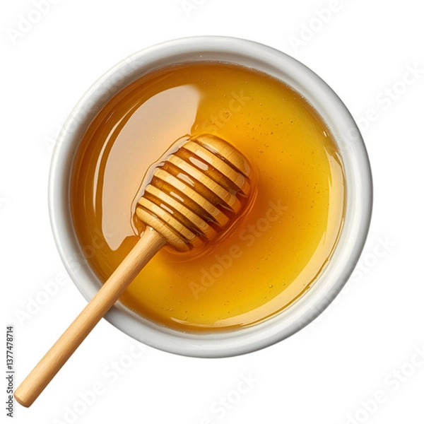 Obraz Top view of a ceramic bowl containing golden honey with a wooden dipper, ideal for natural and sweet-themed projects, isolated on transparent background