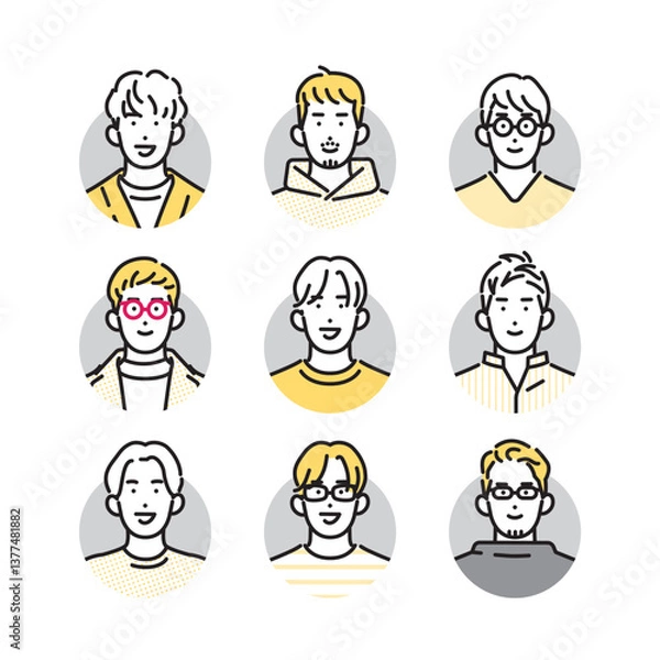 Obraz シンプル　イラスト　笑顔のカジュアルな服装の男性のアイコンセット 人物