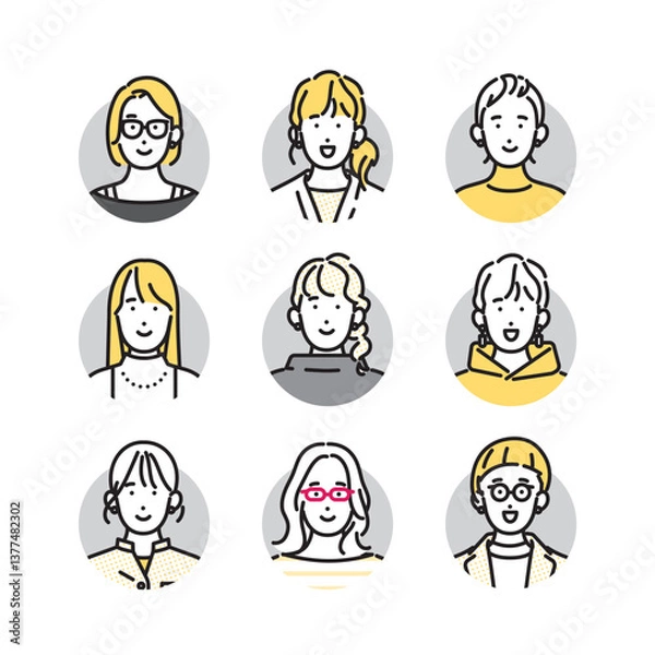 Obraz シンプル　イラスト　笑顔のカジュアルな服装の女性のアイコンセット 人物