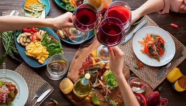 Fototapeta ワインで乾杯する食事風景