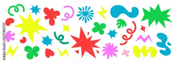 Fototapeta Abstract clouds and flowers shapes icons set. Groovy funky flowers, bubbles, stars, loops and waves in trendy retro cartoon style. Illustration with wavy elements