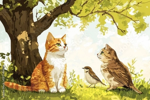 Fototapeta Cats and bird gather under tree amid lush greenery on sunny day