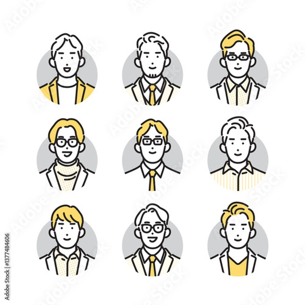 Obraz シンプル　イラスト　笑顔のビジネスマンの男性のアイコンセット 人物