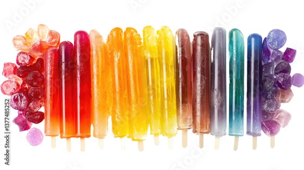 Fototapeta A rainbow of colorful ice pops in different flavors isolated on white background PNG