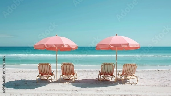 Fototapeta Serene Beach Scene Pink Umbrellas and Striped Lounge Chairs on a Sunny Day