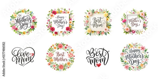 Fototapeta Happy mothers day calligraphy floral text isolated on transparent background