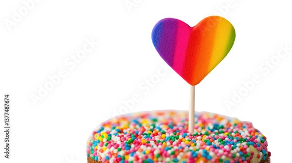 Fototapeta A rainbow-hued cake with sprinkles isolated on white background PNG