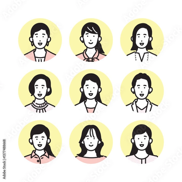 Fototapeta シンプル　イラスト　笑顔のビジネスパーソンの女性のアイコンセット 人物