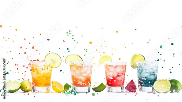 Fototapeta A set of colorful tequila shots with lime isolated on white background PNG