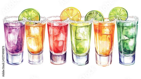 Fototapeta A set of colorful tequila shots with lime isolated on white background PNG