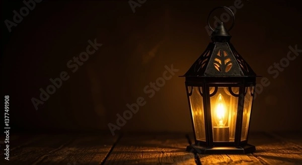 Fototapeta Illuminated lantern casting a warm glow in a dark setting creates a peaceful and inviting atmosphere evoking traditional celebrations