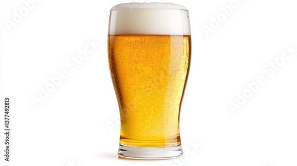 Fototapeta A glass of golden beer on clean white background, refreshing beverage