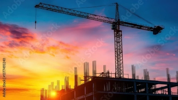Fototapeta Detail vertical image of large construction crane and a iron beam frame in silhouette at sunset or sunrise