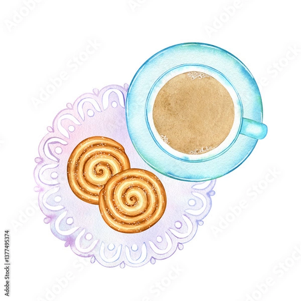 Fototapeta Blue coffee cup with saucer, cappuccino, latte, cream, round paper napkin, sweet cake, cookies, bun, cinnamon roll, pastry, watercolor illustration. Hand drawn object isolated object on white