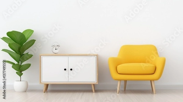 Fototapeta A minimalist living room features a vibrant yellow armchair next to a white and light wood cabinet with a fiddle leaf fig plant and a small alarm clock.