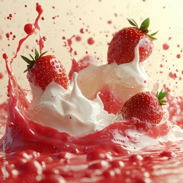 Fototapeta Fresh strawberries splashing in creamy milk create a vibrant and dynamic scene of deliciousness and freshness.