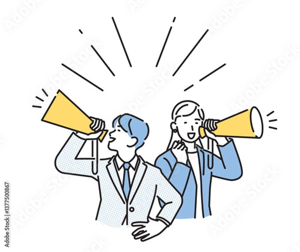 Obraz シンプル　イラスト　メガホンを持って応援するビジネスパーソンの男性と女性 人物