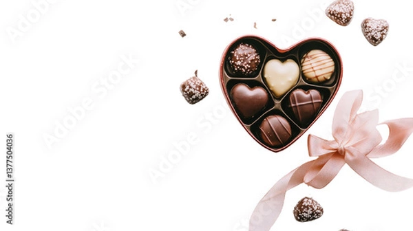 Fototapeta A heart-shaped box of chocolates with a ribbon isolated on white background PNG