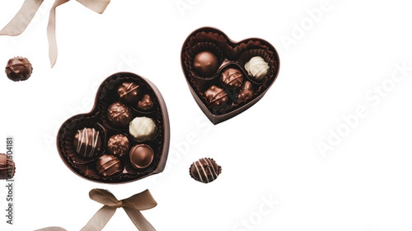 Fototapeta A heart-shaped box of chocolates with a ribbon isolated on white background PNG