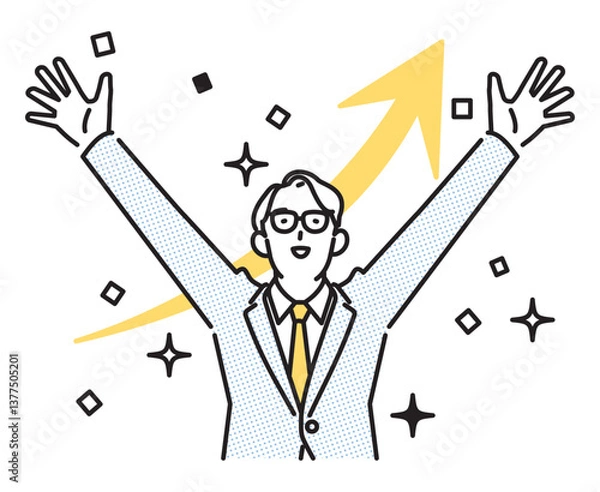 Obraz シンプル　イラスト　成功を喜んでバンザイするビジネスマンの男性 人物