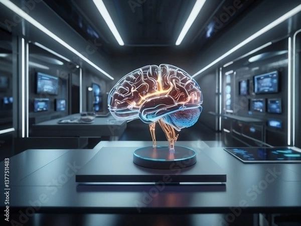 Fototapeta human brain with computer, AI neural brain in a futuristic lab environment