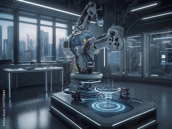 Fototapeta Mechanical arms of the future, Machine learning concept in a futuristic lab