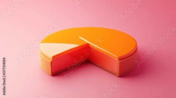Fototapeta A vibrant orange cake with a slice removed, displayed against a soft pink background, creating a striking and modern visual appeal.